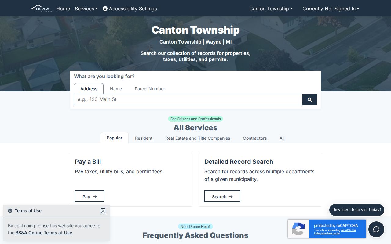 Canton Township resident records BS&A property inquiry