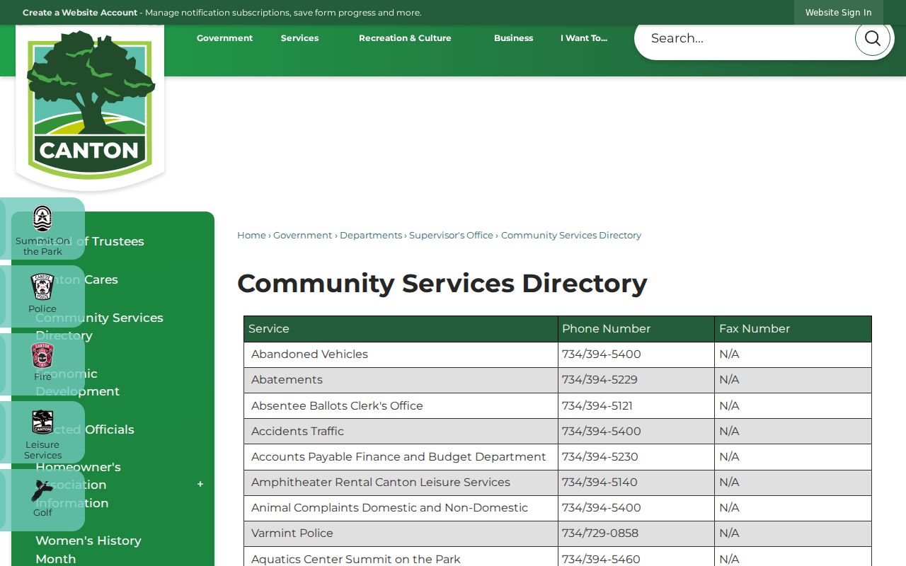 Canton Township neighbors resource showing the Community Services Directory