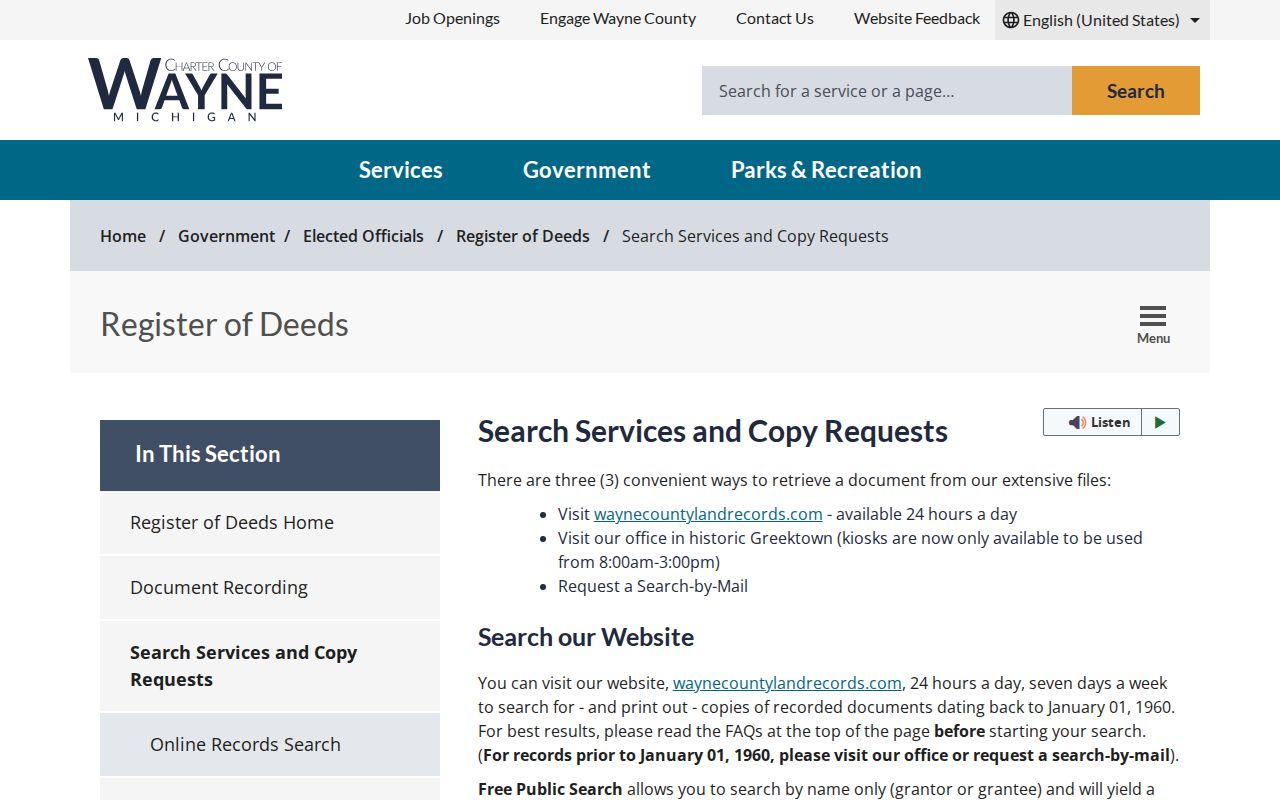 Canton Township street directory Wayne County deed search service
